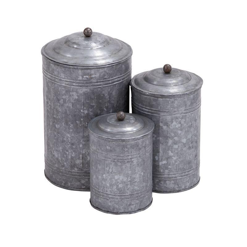 Gray Galvanized Metal Cylinder Canister Set with Lids