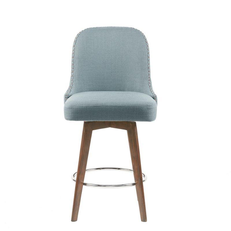 Elegant Blue Swivel Counter Stool with Walnut Wood Finish