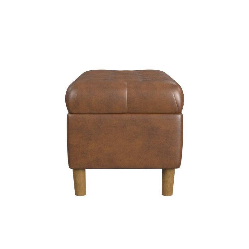 Button Tufted Storage Bench with Cone Wood Legs Faux Leather Brown - HomePop: Hinged Lid, Easy Access