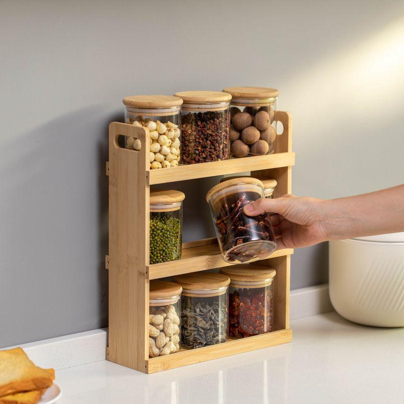 Rebrilliant Rebrilliant Versatile 3-tier Bamboo Spice Rack And Pantry Organizer With 9 Glass Jars – Perfect For Countertop Storage In Kitchens To Keep Seasoning Containers Neatly Displayed And Easily Accessible