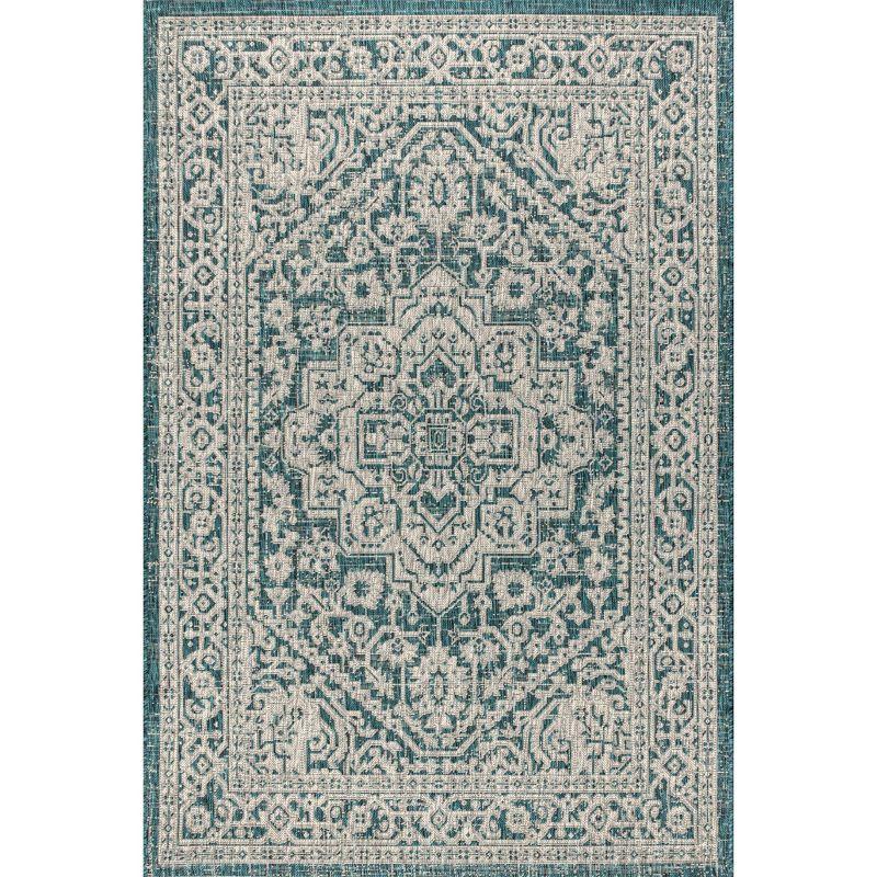 4'x6' Sinjuri Medallion Textured Weave Indoor/Outdoor Area Rug,  Teal Blue/Gray - JONATHAN Y