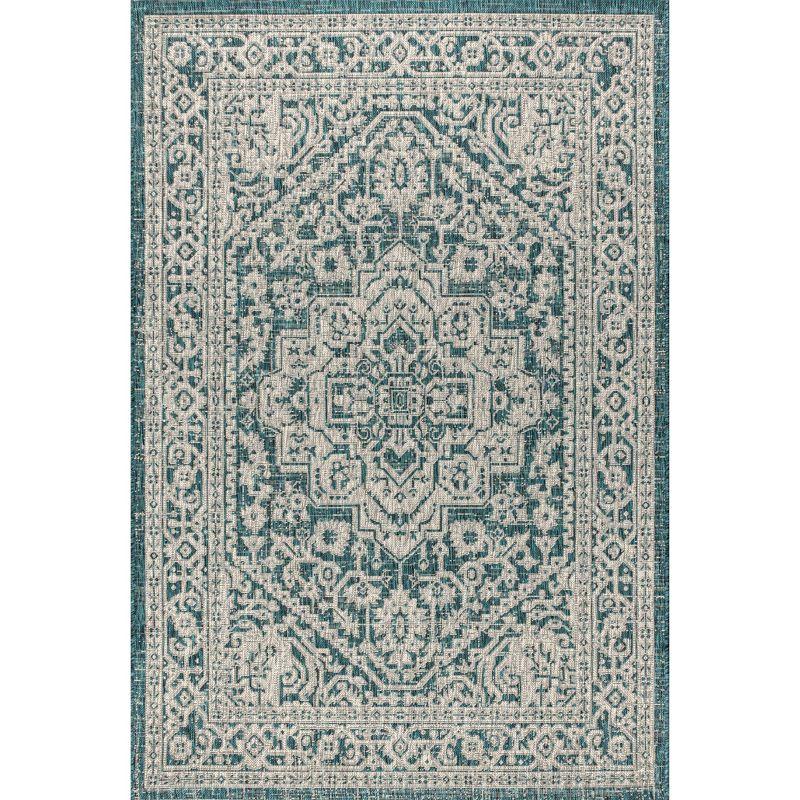 Teal Blue/Gray Medallion Handwoven 4'x6' Indoor/Outdoor Rug