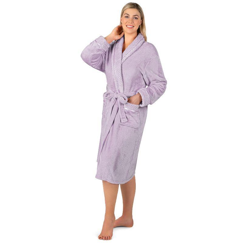 PAVILIA Soft Plush Women Fleece Robe, Cozy Warm Housecoat Bathrobe, Fuzzy Female Long Spa Robes (Lavender, Small-Medium)