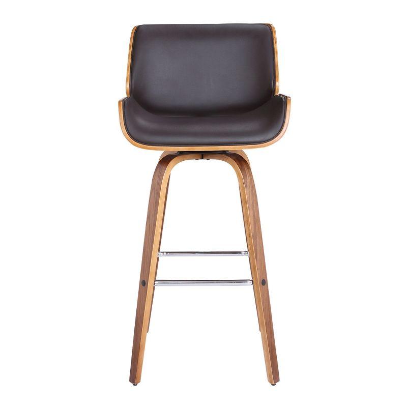 26" Armen Living Tyler Swivel Counter Barstool: Walnut Frame, Chrome Footrest, Faux Leather