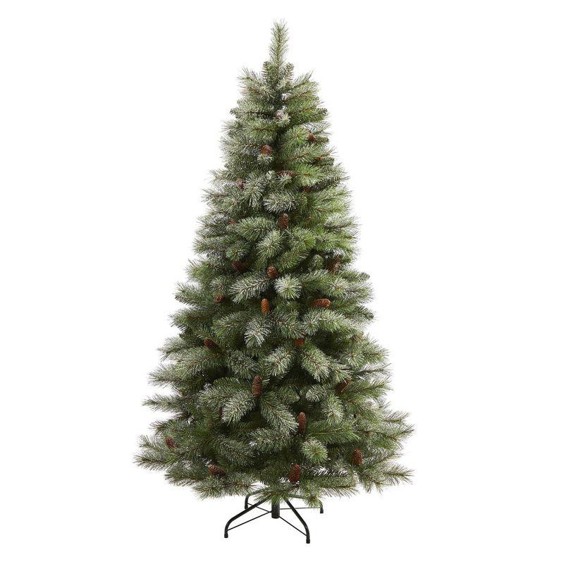 6ft Nearly Natural Unlit Snowed French Alps Mountain Pine with Pinecones Artificial Christmas Tree