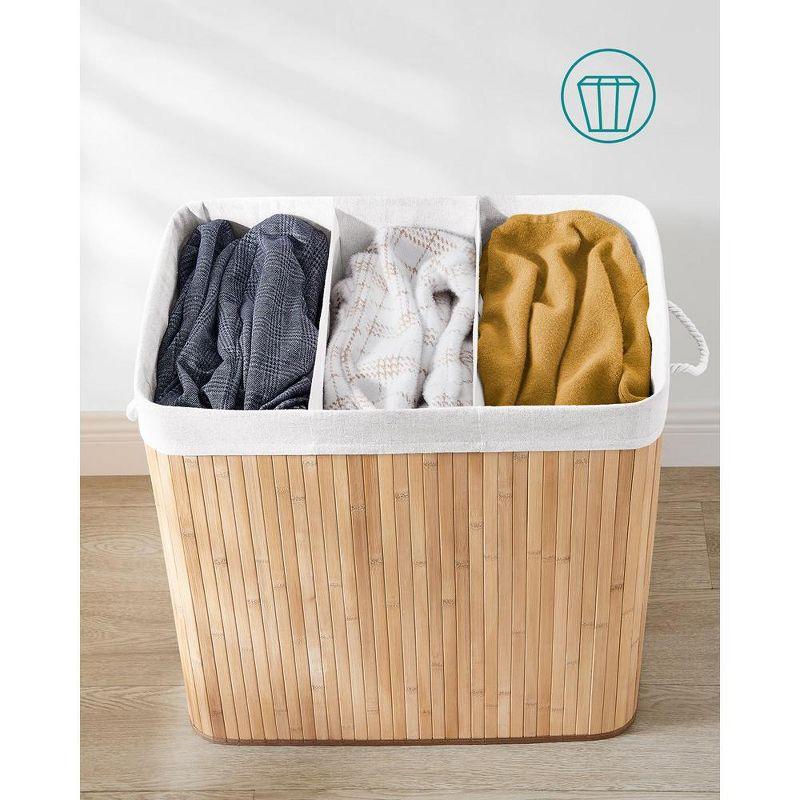 SONGMICS 39.6Gal (150L) Laundry Hamper, 3-Section Laundry Basket, Laundry Hamper with Lid, Bamboo, Foldable