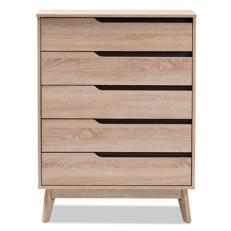 Fella Mid-Century Modern Two-Tone Wood 5 Drawer Chest Brown - Baxton Studio: Oak & Gray Finish, Bedroom Storage