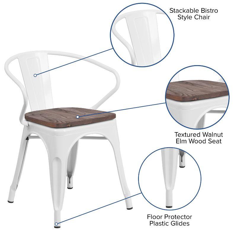 Modern Rustic White Metal Bistro Chair with Wood Seat and Arms