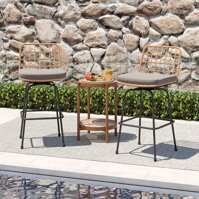 Tangkula 2 PCS Patio Bar Stools 360° Swivel PE Rattan Bar Chairs with Backrests & Footrests Outdoor Armless Barstools with Soft Seat Cushions