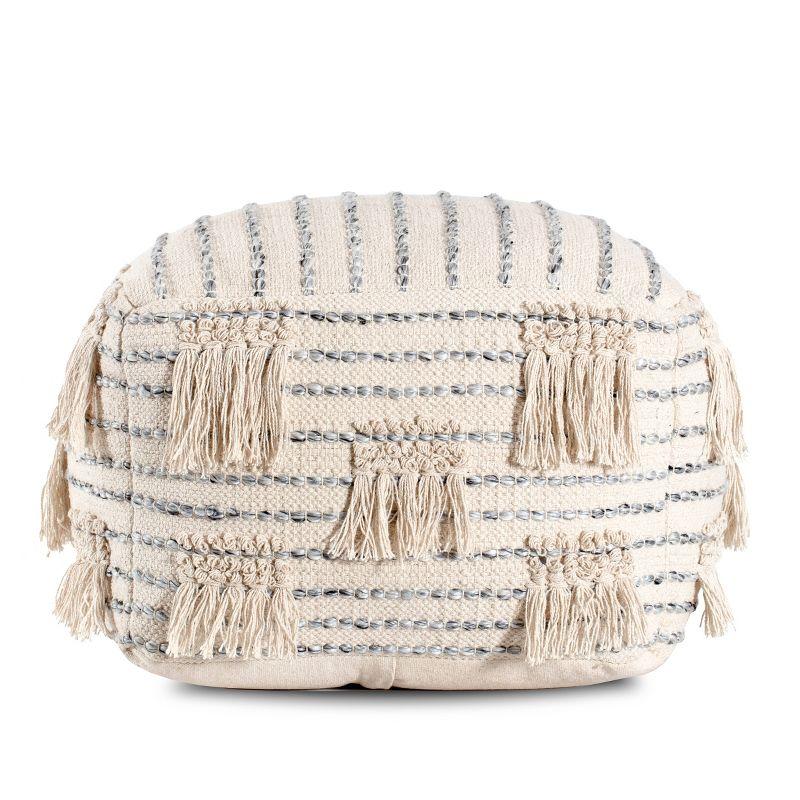 Ivory Striped Tasseled Pouf Ottoman in Soft Cotton & Luxe Polyester