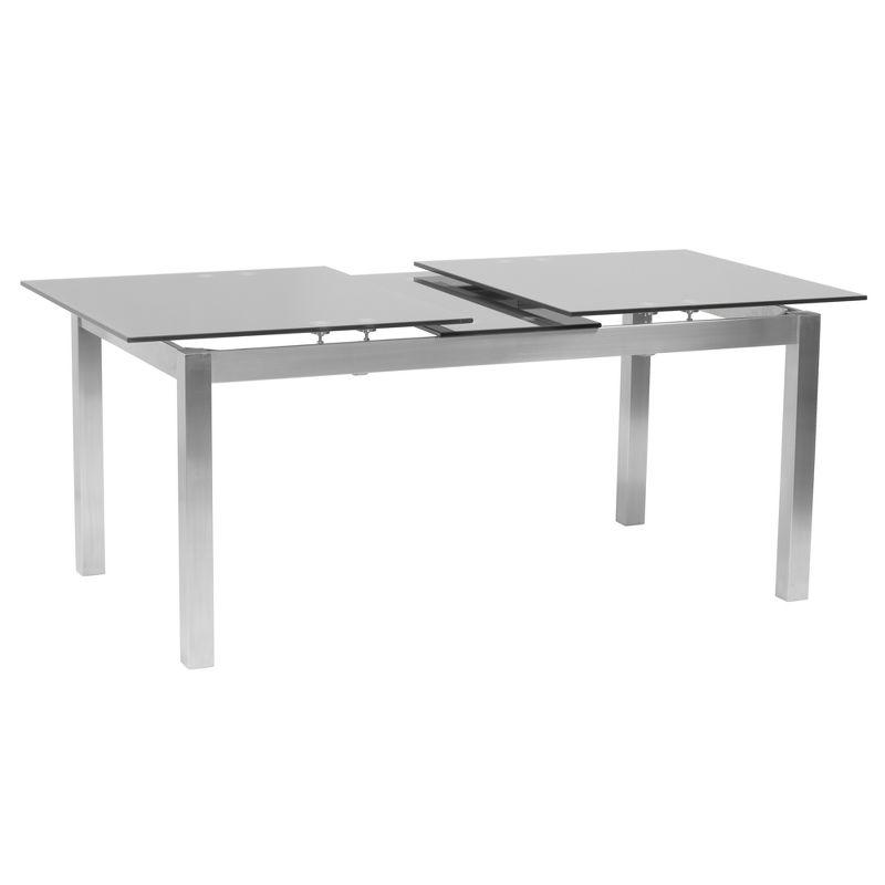 Armen Living IvanExtendable Dining Table in Brushed Stainless Steel and Gray Tempered Glass Top: Modern Self-Storing Leaf, Seats 6