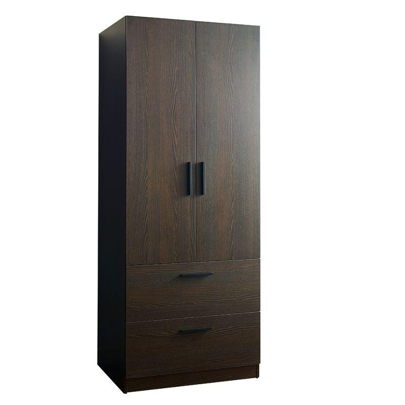 AndMakers Brook Two-Door Wood Closet with Two Drawers and Hanging Bars in Dark Brown