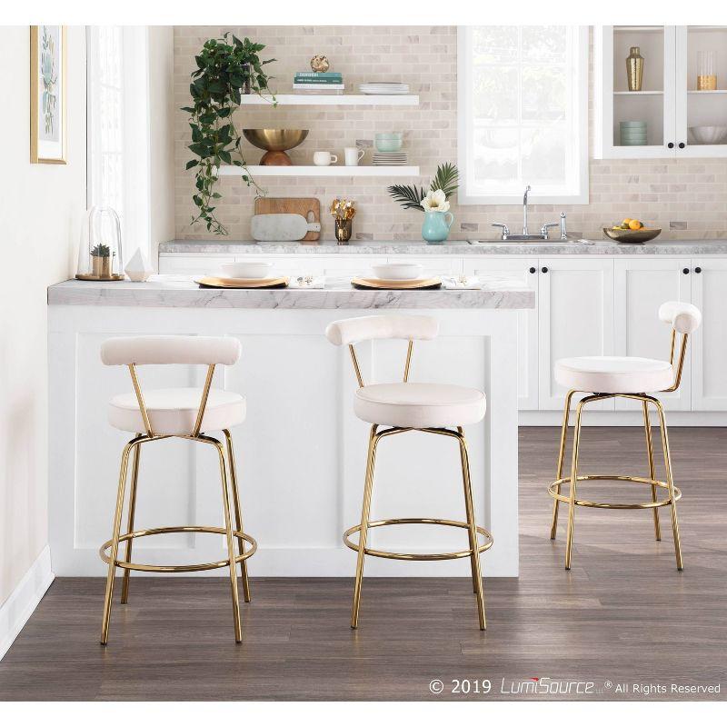 Set of 2 Rhonda Glam Counter Height Barstools Cream Velvet - LumiSource: Gold Finish, Metal Frame, Swivel Function