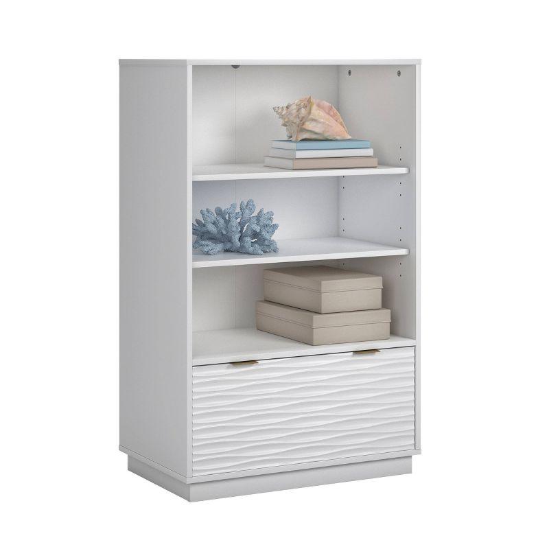 White Adjustable Wood Bookcase with Drawer and Shelves