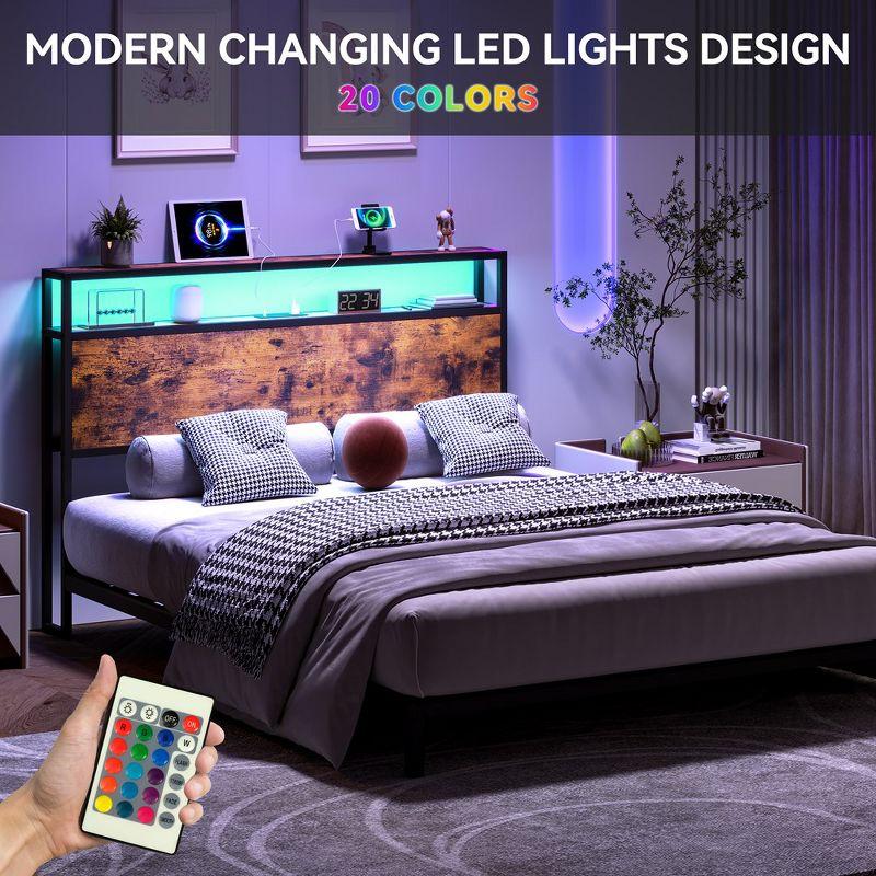 Full Size Headboard, Headboard with 2 Outlets, LED Lights and USB Ports, Adjustable Height, Storage Rack, Sturdy and Stable, Easy Assembly