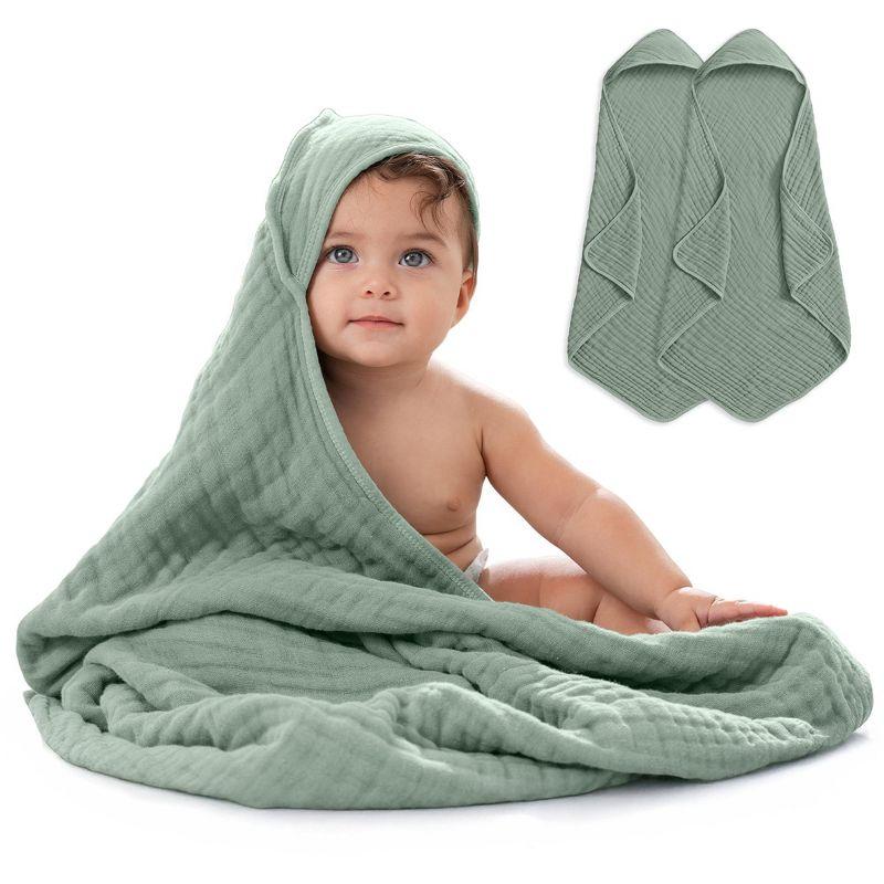 Comfy Cubs Comfy Cubs Hooded Baby Towel 2-Pack, Large 32 x 32 Inch - 6 Layer 100% Muslin Cotton - Soft & Absorbent Baby Bath Towels (Set of 2)
