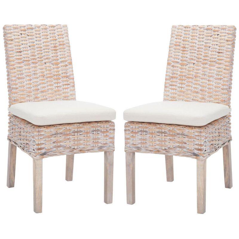 White Upholstered Rattan Side Chair with Natural Wood Legs