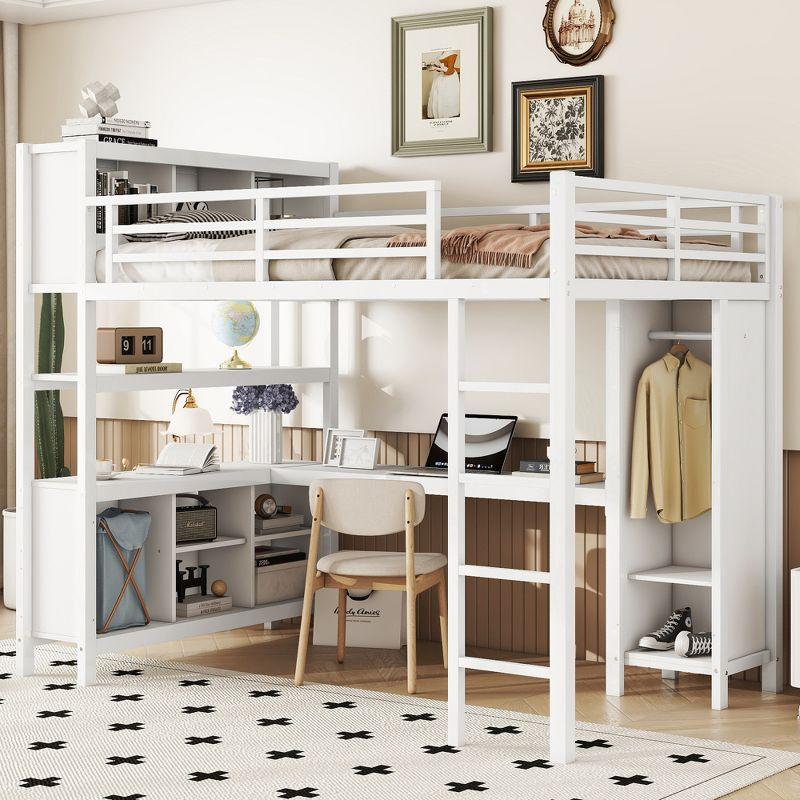Full Size Metal Loft Bed with Wardrobe and L-Shaped Desk, Heavy-Duty Loft Bed with Storage Cubes and Shelves, White - ModernLuxe
