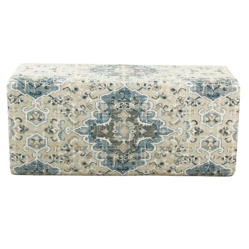 Antiqued Blue and Cream Medallion 36" Storage Bench with Graywash Legs