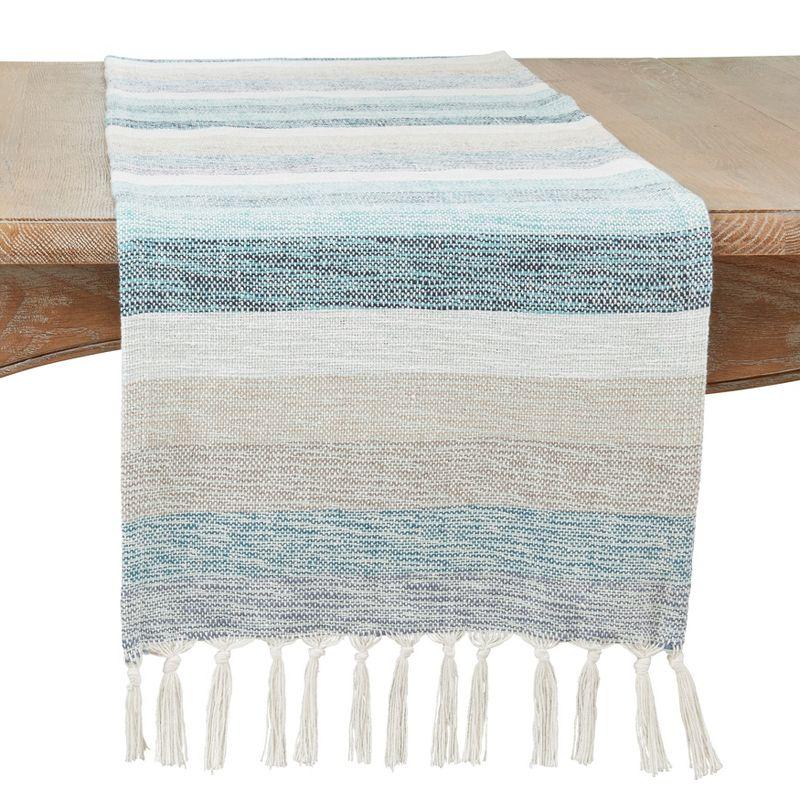 Coastal Blue Striped Cotton Table Runner with Fringe