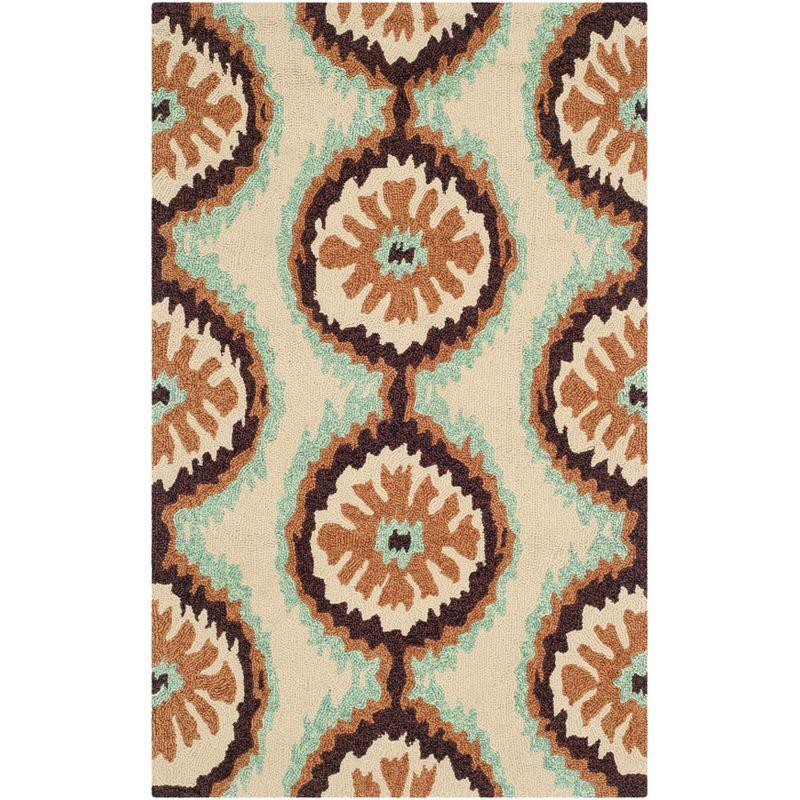 Beige and Green Floral Hand-Hooked Rectangular Rug