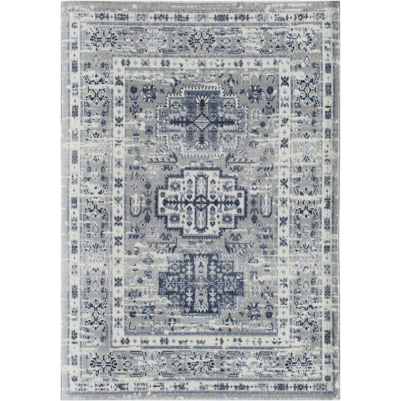 Gray and Navy Floral Synthetic Area Rug, 5'3" x 7'