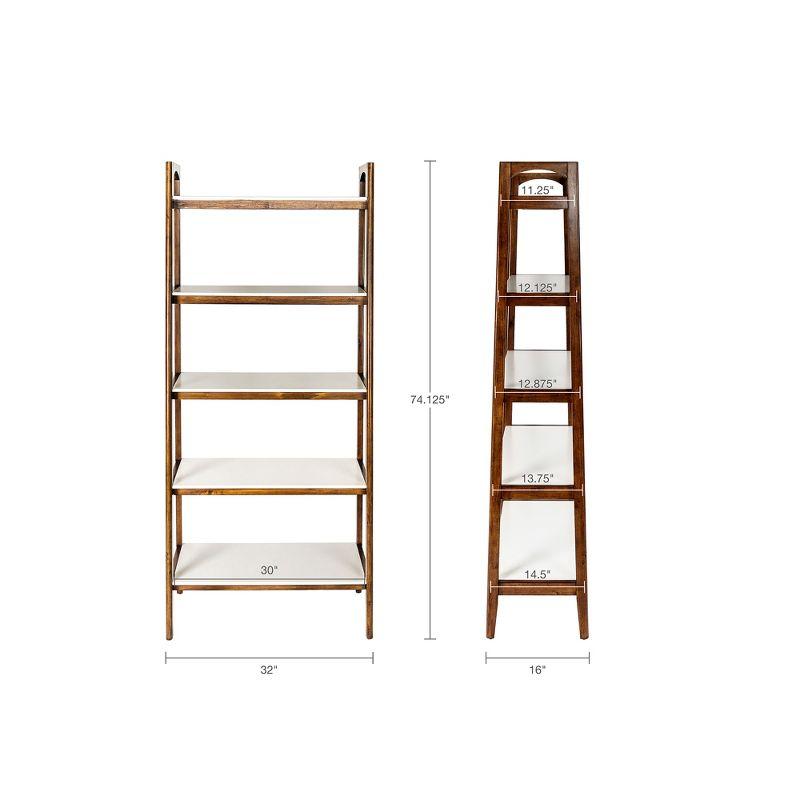 Mid-Century Pecan and Off-White Solid Wood Ladder Bookcase