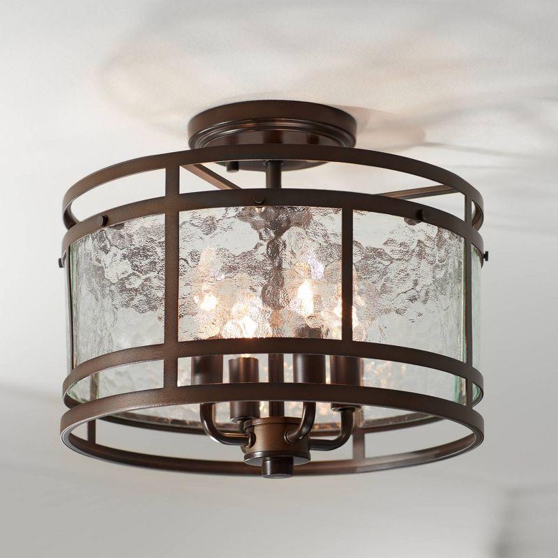 Franklin Iron Works Elwood Modern Ceiling Light Semi Flush Mount Fixture 13 1/4" Wide Oil Rubbed Bronze 4-Light Water Glass Drum Shade for Bedroom