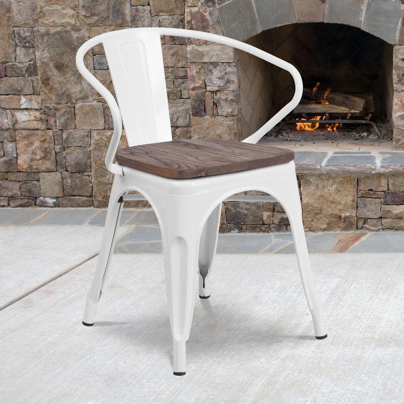 Flash Furniture White Metal Chair with Wood Seat and Arms