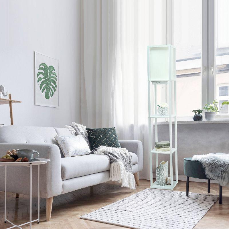 White Wood Floor Lamp with Shelves and Linen Shade