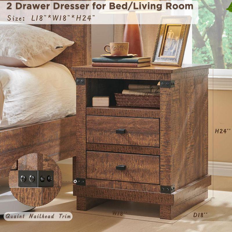 Nightstand with Charging Station & 2 Drawers, Farmhouse 18" Wide Night Stand, Rustic End Table for Bedroom, Reclaimed Barnwood