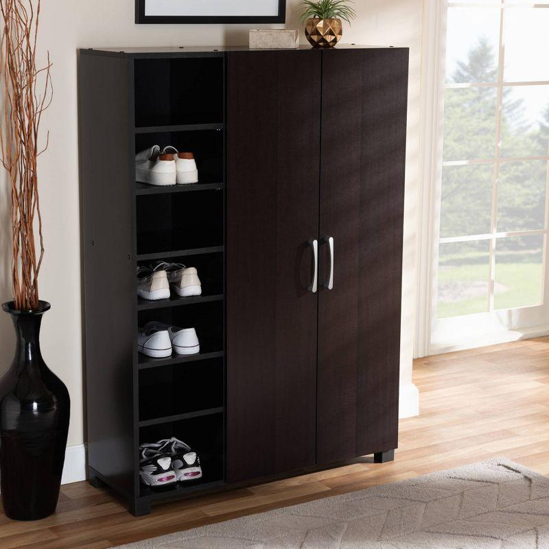 Dark Brown Wood 2-Door Entryway Shoe Storage Cabinet with Open Shelves