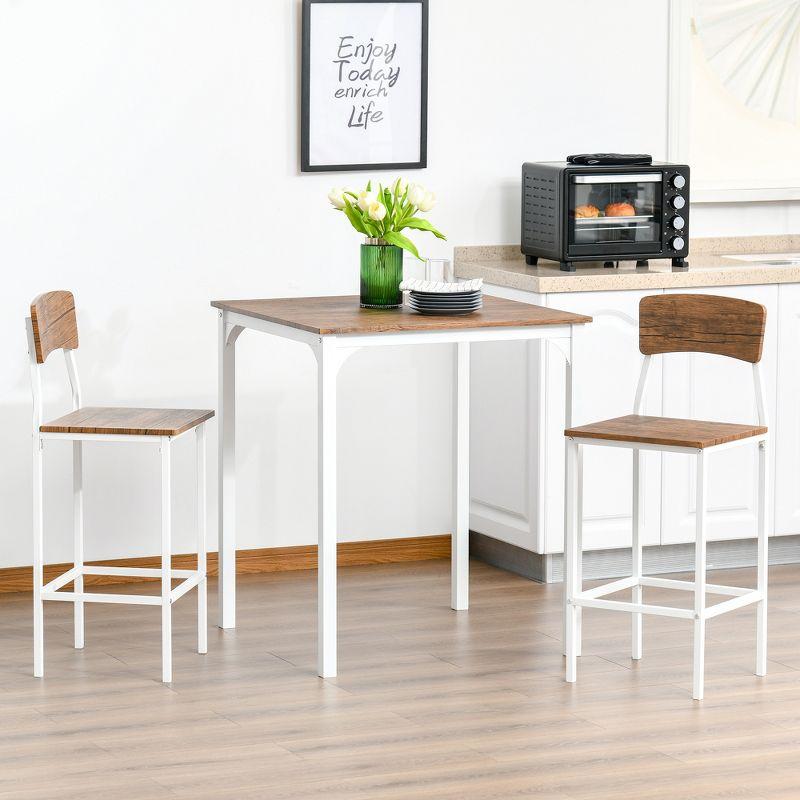 HOMCOM 3 Piece Bar Table and Chairs Set, Industrial Small Dining Table Set for 2, Square Kitchen Table and Stools, Walnut and White