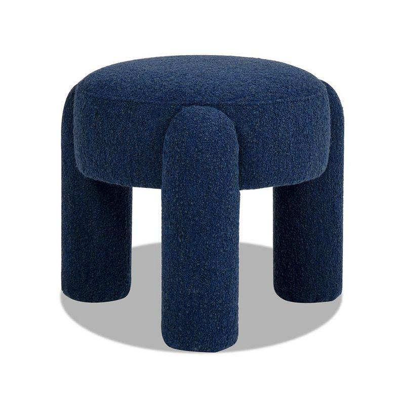 Cerulean Blue Boucle Round Upholstered Ottoman with Eucalyptus Legs