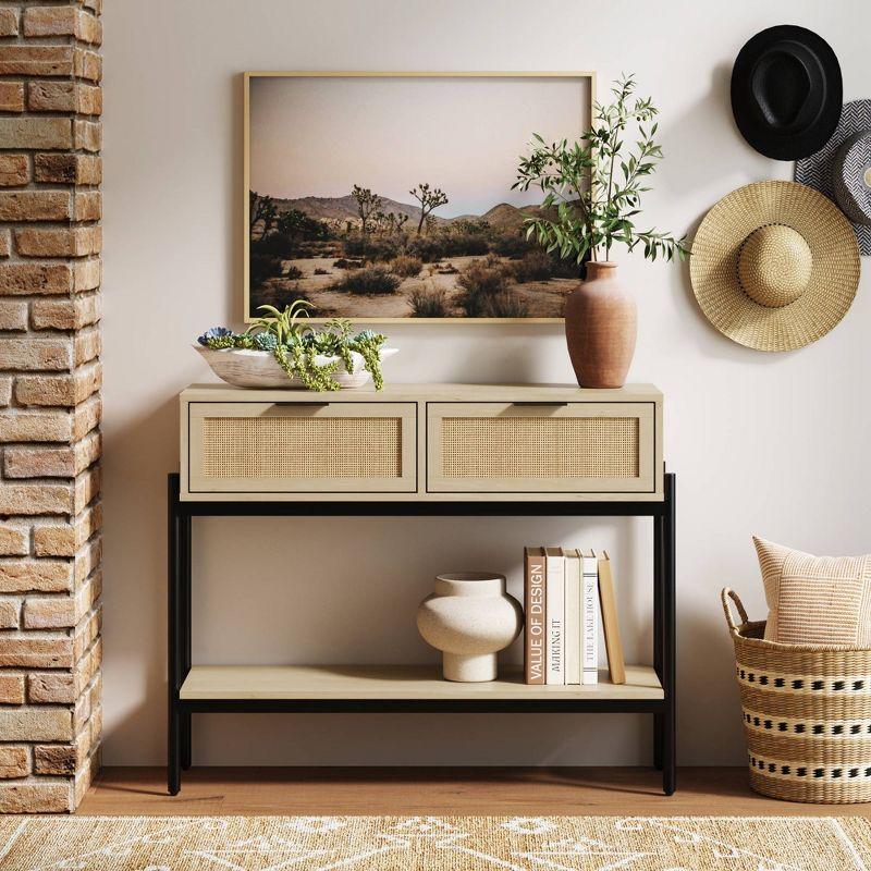 Light Oak and Black Rattan Console Table with Storage