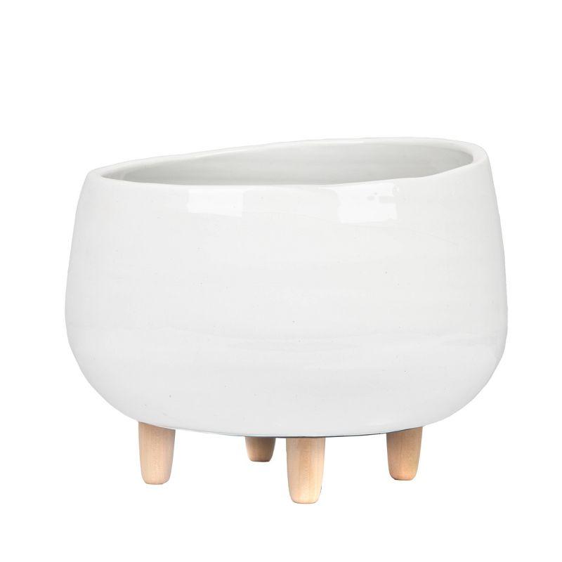 8" x 12.5" Planter with Wood Feet White - Storied Home: Ceramic, No Assembly, Indoor Use, Drain Plug