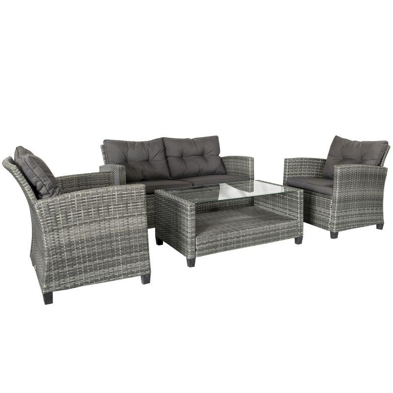 Outsunnny 4 Piece Patio Furniture Set, Outdoor Wicker Loveseat Sofa & Chairs, with 2-Tier Coffee Table & Tufted Cushions, Carbonized