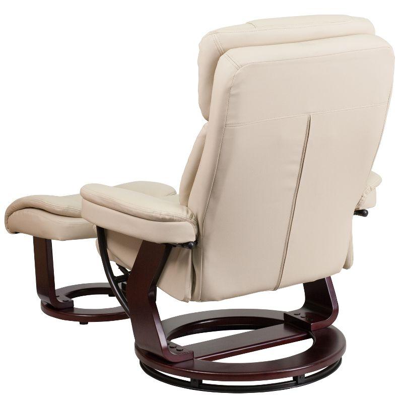 Beige Faux Leather Swivel Recliner with Mahogany Wood Base and Ottoman