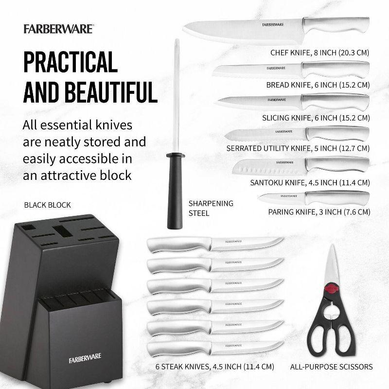 Farberware 15pc Stainless Steel Knife Block Set: Kitchen Knife Set with Block, Serrated Blades, Hand Wash, Silver