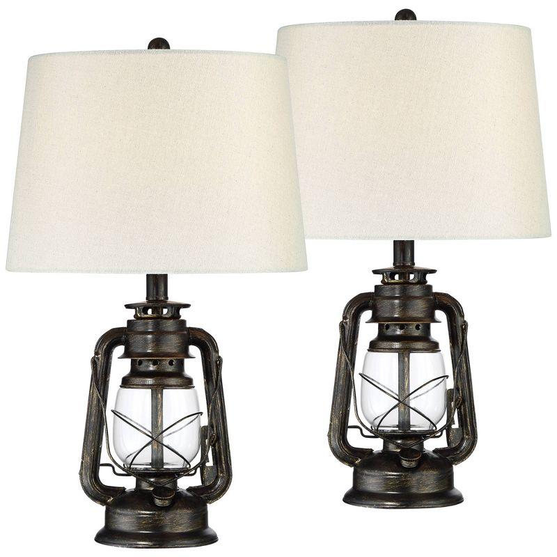 Bronze Miner Lantern Industrial Accent Table Lamp Set