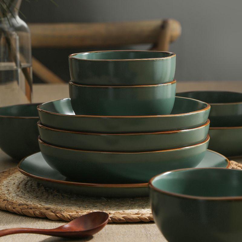 Green Ceramic 16-Piece Dinnerware Set with Brown Edged Borders