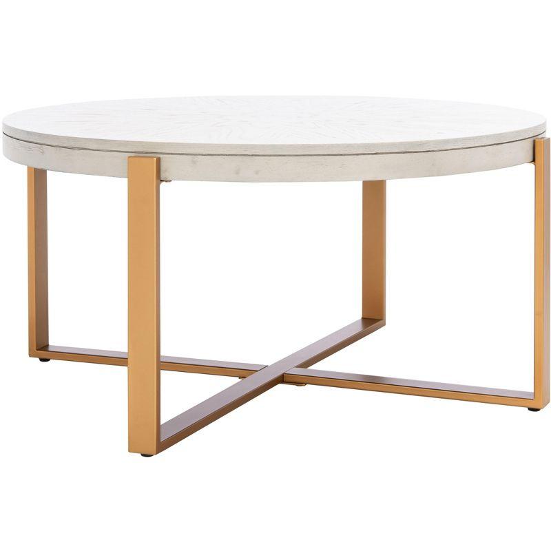 Navya Round Whitewashed Wood and Gold Metal Coffee Table