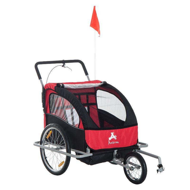 Aosom Elite Three-Wheel Bike Trailer for Kids Bicycle Cart for Two Children with 2 Security Harnesses & Storage, Red