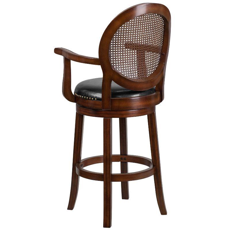 Flash Furniture 30'' High Expresso Wood Barstool with Arms, Woven Rattan Back and Black LeatherSoft Swivel Seat