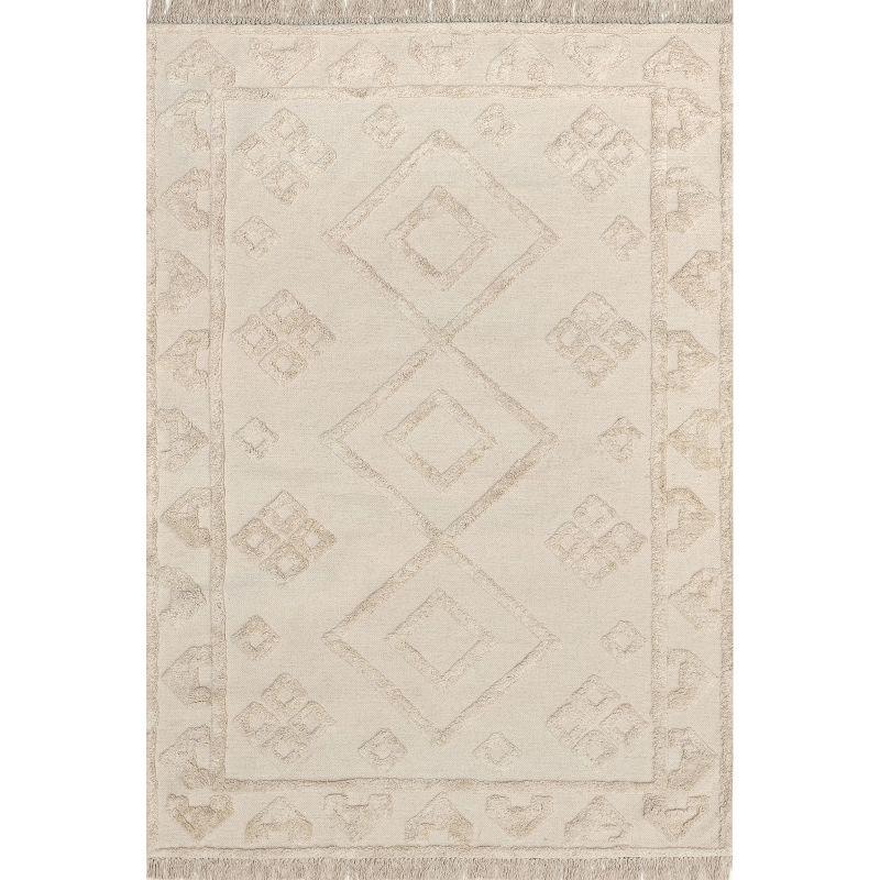 Beige Geometric Wool and Synthetic Square Area Rug, 4' x 6'