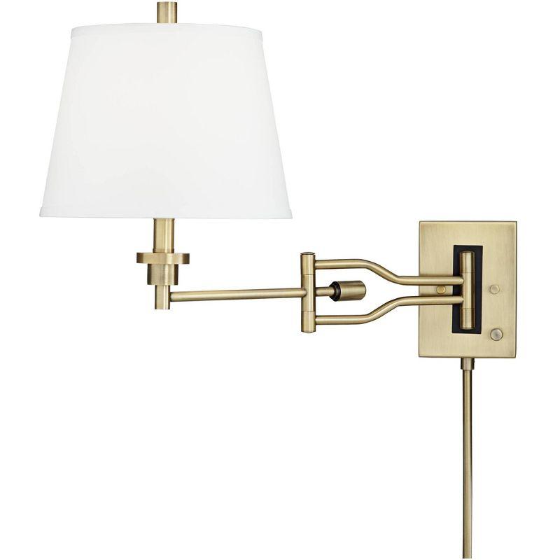 Barnes and Ivy Eleganta Vintage Swing Arm Wall Lamps Set of 2 Brushed Satin Brass Plug-In Light Fixture White Linen for Bedroom