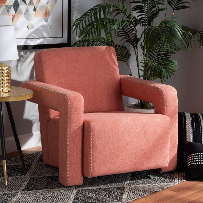 Sleek Red Leather & Wood Accent Chair with Open Armrests