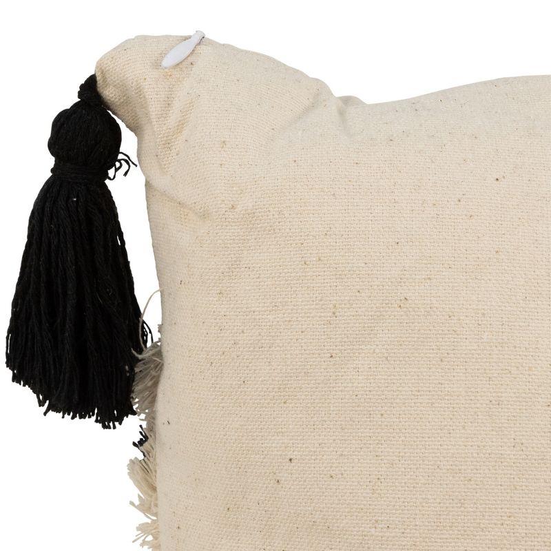 Beige and Black Boho Cotton Square Throw Pillow with Tassels