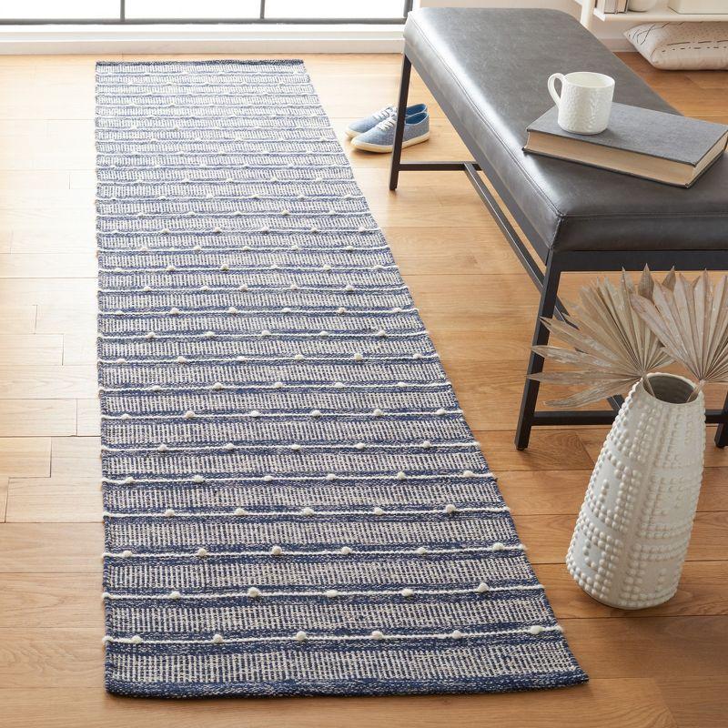 Modern Boho-Chic Blue Stripe Hand-Woven Wool & Cotton Rug