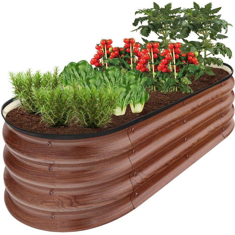 Wood Grain Oval Metal Raised Garden Bed for Vegetables and Herbs